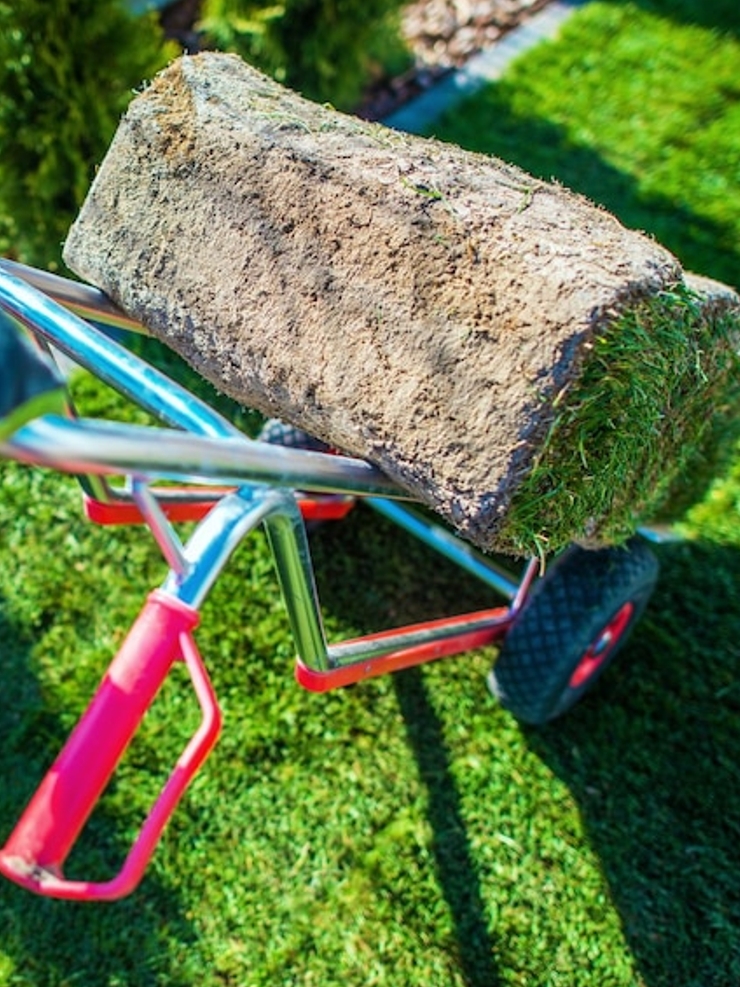 A gardener cuts the grass in a backyard.