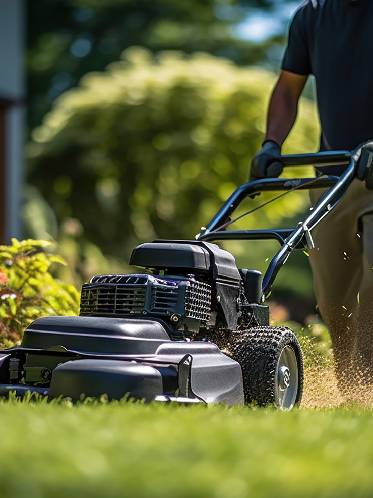 A gardener cuts the grass in a backyard.