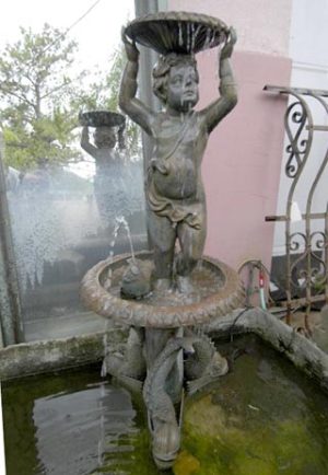 19th c bronze putti holding a small bowl fountain