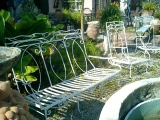 1920’s French garden bench and two armchairs